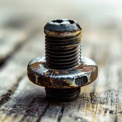 Vite arrugginita su legno. Immagina come si svita una vite così, con pazienza e la giusta chiave.