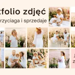 Portfolio zdjęć rodzinnych w plenerze. Uśmiechnięte dzieci i rodzice w białych strojach, tworzący piękne wspomnienia.
