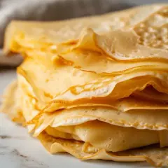 Pile de crêpes dorées et fines, parfaites pour un petit-déjeuner gourmand. Ces crêpes sans lait sont légères et délicieuses.