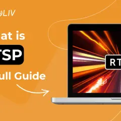 A laptop displays a vibrant, abstract image with the word "RTSP" prominently featured, hinting at the world of rtsp live streaming and a comprehensive guide.