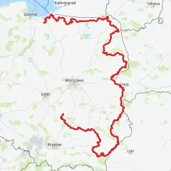 Mapa z zaznaczoną trasą rowerową, która biegnie od wybrzeża Bałtyku, przez Warszawę, aż po okolice Krakowa. To idealna propozycja na podróż green velo świętokrzyskie.