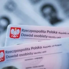 Zgubiony dowód osobisty. Kciuk zasłania fragment polskiego dokumentu tożsamości z orłem.