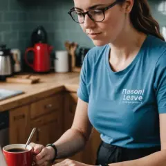 Kobieta w kuchni szuka informacji, czy urlop wychowawczy jest płatny. Na ekranie laptopa widać logo "Mason Leave".