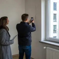 Mężczyzna robi zdjęcie pęknięcia na ścianie, kobieta trzyma dokumenty. To przykład sytuacji, gdy przyda się wiedza, co to jest rękojmia.