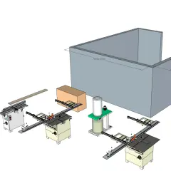 Vue 3D d'un atelier de menuiserie avec scie à ruban, deux scies de table, une raboteuse et un aspirateur, le tout dans un espace délimité par des murs. Ce **combi3** est prêt à l'emploi.