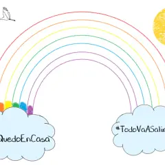 Un arcoiris para colorear con nubes, pájaros y el sol. En las nubes se lee: #YoMeQuedoEnCasa y #TodoVaASalirBien.
