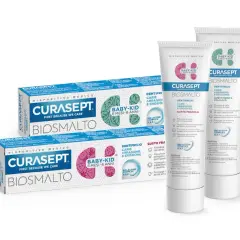 Curasept Biosmalto Baby-Kid, ideale per la cura dei denti in gravidanza e per i più piccoli. Gusti fragola e menta.