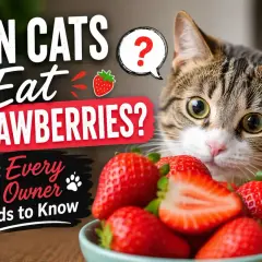 Curious cat eyes a bowl of strawberries, asking "Can cats eat strawberries?" Learn what every cat owner needs to know about this fruity question.