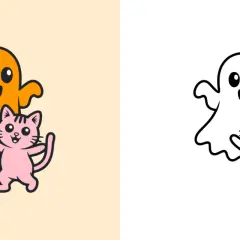 Un fantasma arancione e un gattino rosa giocano insieme. Line art per creare cose di Halloween da colorare.