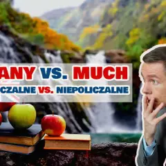 Mężczyzna zastanawia się nad różnicą między "many" a "much", ucząc się o niepoliczalne rzeczowniki angielskie.