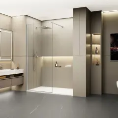 Salle de bain moderne avec une douche italienne et une baignoire côte à côte, un lavabo suspendu et un miroir lumineux.