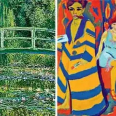 Impressionism vs. Expressionism: Monet's serene bridge and water lilies contrast with bold, emotional portraits.