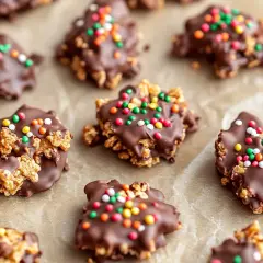Roligt julgodis barn älskar! Krispiga chokladkakor med färgglada strössel, perfekta för julfikat.