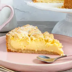 Ein Stück Streuselkuchen mit Pudding auf einem rosa Teller, bestäubt mit Puderzucker.