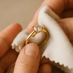 Delikatne czyszczenie złotego pierścionka z diamentem miękką ściereczką.