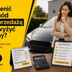 Kobieta zastanawia się, jak sprawdzić wartość rynkową pojazdu. Na stole kalkulator, notatki z cenami i lupa.