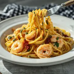 Espaguetis con gulas, gambas y guindilla, servidos en un plato blanco. Un tenedor levanta un bocado de pasta.