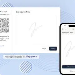 Interfaz para firmar documentos digitalmente. Muestra un código QR para firmar desde el móvil y un campo para dibujar la firma. Se puede cambiar la firma si no es correcta.