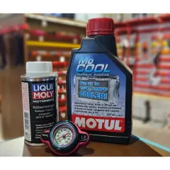 Botella de Mo Cool para moto y limpiador Liqui Moly. Cómo usar Mo Cool para mantener tu motor fresco.