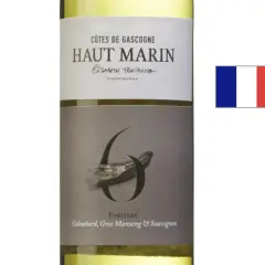 Haut Marin, ett vitt vin från Gascogne, perfekt vin till lax. Flaska med fransk flagga.