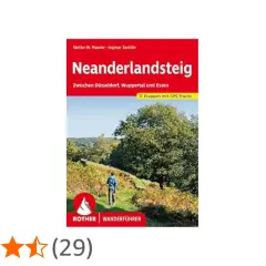 Der Wanderführer "Neanderlandsteig" zeigt eine Person auf einem Wanderweg durch eine grüne Landschaft. Er beschreibt 17 Etappen mit GPS-Tracks.