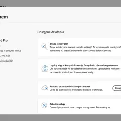 Ekran zarządzania planem Creative Cloud Pro z widocznym przyciskiem "Anuluj plan".