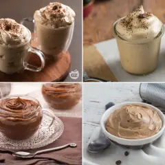 Quattro deliziose versioni di crema al caffè, alcune spolverate di cacao, altre con chicchi di caffè, in bicchieri e ciotole.