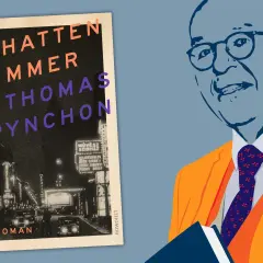 Buchcover "Schatten Nummer" von Thomas Pynchon neben einem Porträt des Autors.