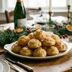 Pile de gougères au fromage dorées sur un plat, décorées de sapin et d'oranges séchées. Une table de fête prête à accueillir.