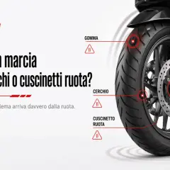 Ruota di scooter con indicazioni su gomma, cerchio e cuscinetto ruota. Possibile rumore cuscinetto ruota?