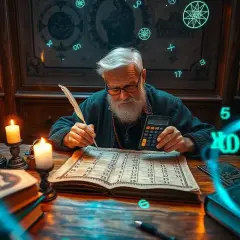 Starsza osoba z piórem i kalkulatorem zgłębia tajemnice numerologii 11, otoczona świecami i mistycznymi symbolami.