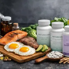 Zdrowa dieta i suplementy, co zwiększa testosteron: łosoś, jajka, steki, awokado, brokuły, oliwa, witaminy i ashwagandha.