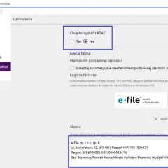 Ustawienia e-Faktur: wybór KSeF, edycja faktur, logo i stopka. Możliwość zarządzania rachunkami i ich wyglądem.