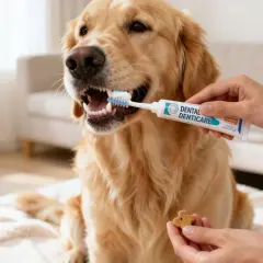 Un Golden Retriever recibe cepillado dental con pasta especial. La higiene dental de los perros es clave para su salud.