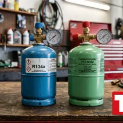 Dos cilindros de gas para cargar aire acondicionado, uno azul (R134a) y otro verde (HFO-1234yf), sobre un banco de trabajo.