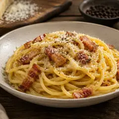 Pyszne spaghetti carbonara z chrupiącym guanciale, posypane parmezanem i pieprzem. To właśnie guanciale co to jest, sekret smaku!