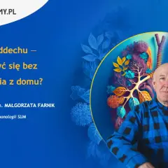 Starsze małżeństwo z troską o oddech. Grafika płuc i roślinności symbolizuje zdrowie. Głośny oddech może być sygnałem do działania.