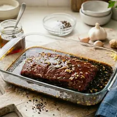 Un morceau de bœuf est plongé dans une marinade savoureuse, prêt à être cuit. Huile, ail, gingembre et épices sont les ingrédients clés de cette marinade boeuf.