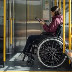 Kobieta na wózku inwalidzkim w autobusie, obok niej tablica informacyjna, która wyjaśnia, co oznaczają symbole na legitymacji osoby niepełnosprawnej.