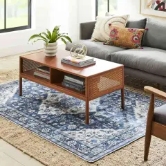 Layering a patterned blue rug over a jute rug creates depth. A 5x8 or 6x9 rug would work well to layer over an 8x10.