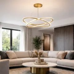 Nowoczesny salon z narożną sofą i okrągłym stolikiem. Centralnym punktem jest designerska lampa, która daje idealne światło, zastanawiasz się jaka moc żarówki led do salonu będzie najlepsza?