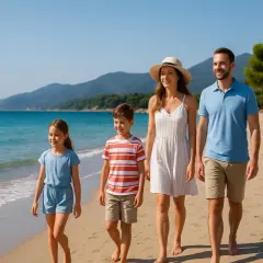 Rodzina spaceruje po plaży na Evii, odkrywając greckie atrakcje. Słońce, morze i góry tworzą idealne tło dla wakacyjnych wspomnień.