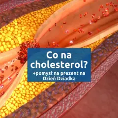 Przekrój naczynia krwionośnego z widocznymi złogami cholesterolu. Tekst: "Co na cholesterol? +pomysł na prezent na Dzień Dziadka".