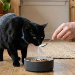 Un gato negro curioso huele una cuchara con suplemento de taurina que se añade a su comida.