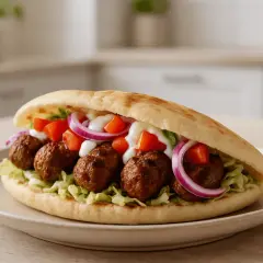 Pyszny kebab w picie z klopsikami, warzywami i sosem. Idealny na szybki posiłek.