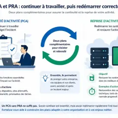 Illustration expliquant la résilience en cybersécurité avec les plans PCA et PRA pour assurer la continuité et la reprise d'activité.
