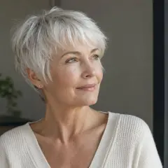 Mujer con pelo corto blanco moderno, mirada serena y suéter de punto.