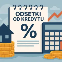 Ilustracja pokazuje jak obliczyć oprocentowanie kredytu: dom na monetach, kalkulator, wykres wzrostu i symbol procentu na kartce.