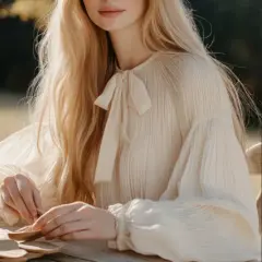 Tres escenas de estilo cottagecore: vestido blanco en campo, blusa crema con lazo, y vestido floral con ramo de margaritas.