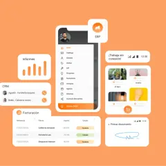 Interfaz de ERP para organizar documentos, con módulos de informes, CRM y facturación.